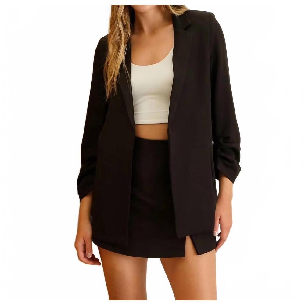 NEW THE WORKSHOP 3/4 ruched sleeve blazer in black